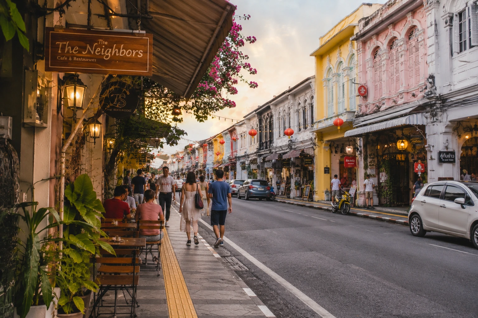 Атмосфера Phuket Old Town с кафе и историческими зданиями