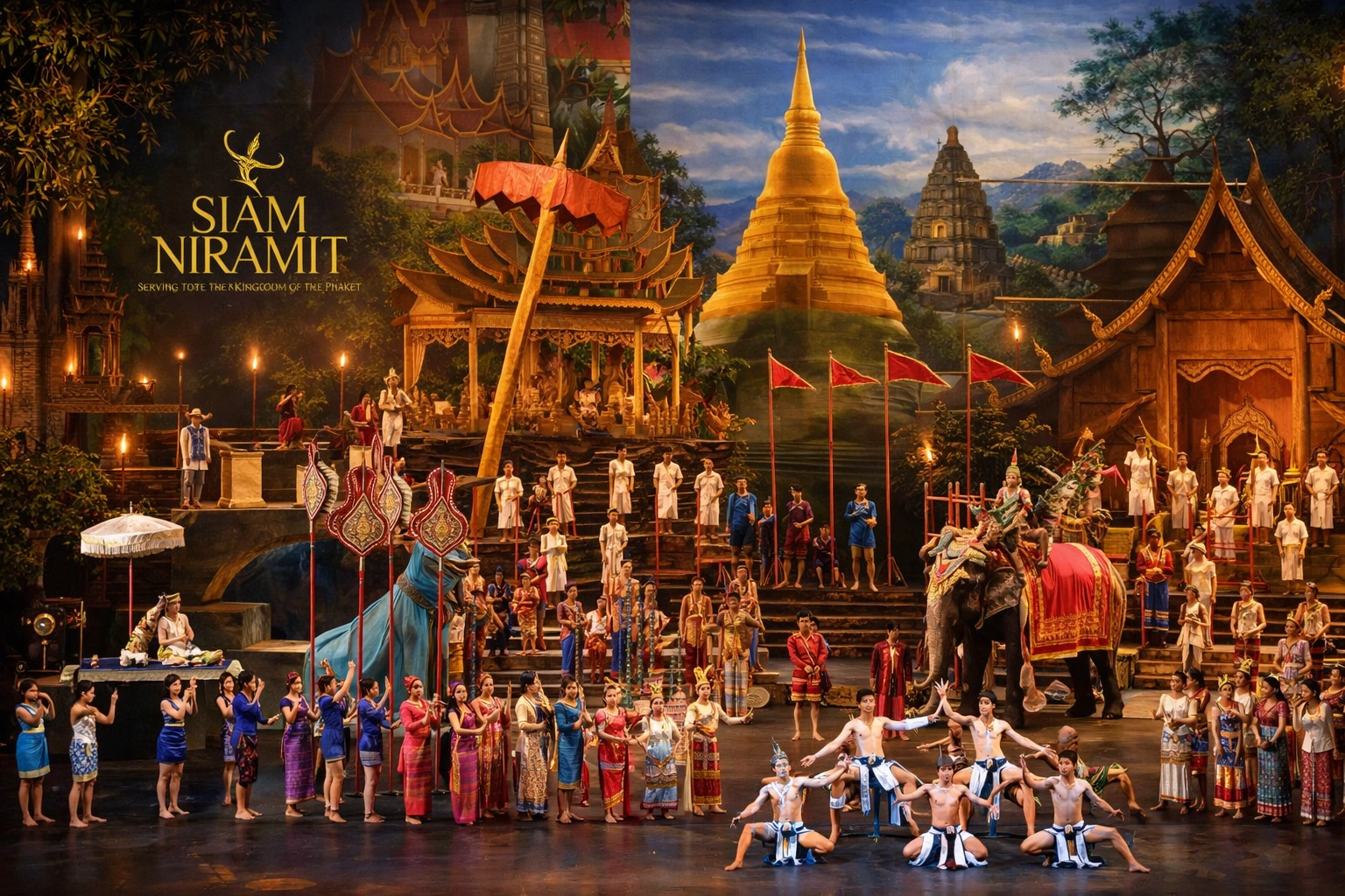 Главная сцена шоу Siam Niramit Phuket — грандиозное культурное представление на Пхукете