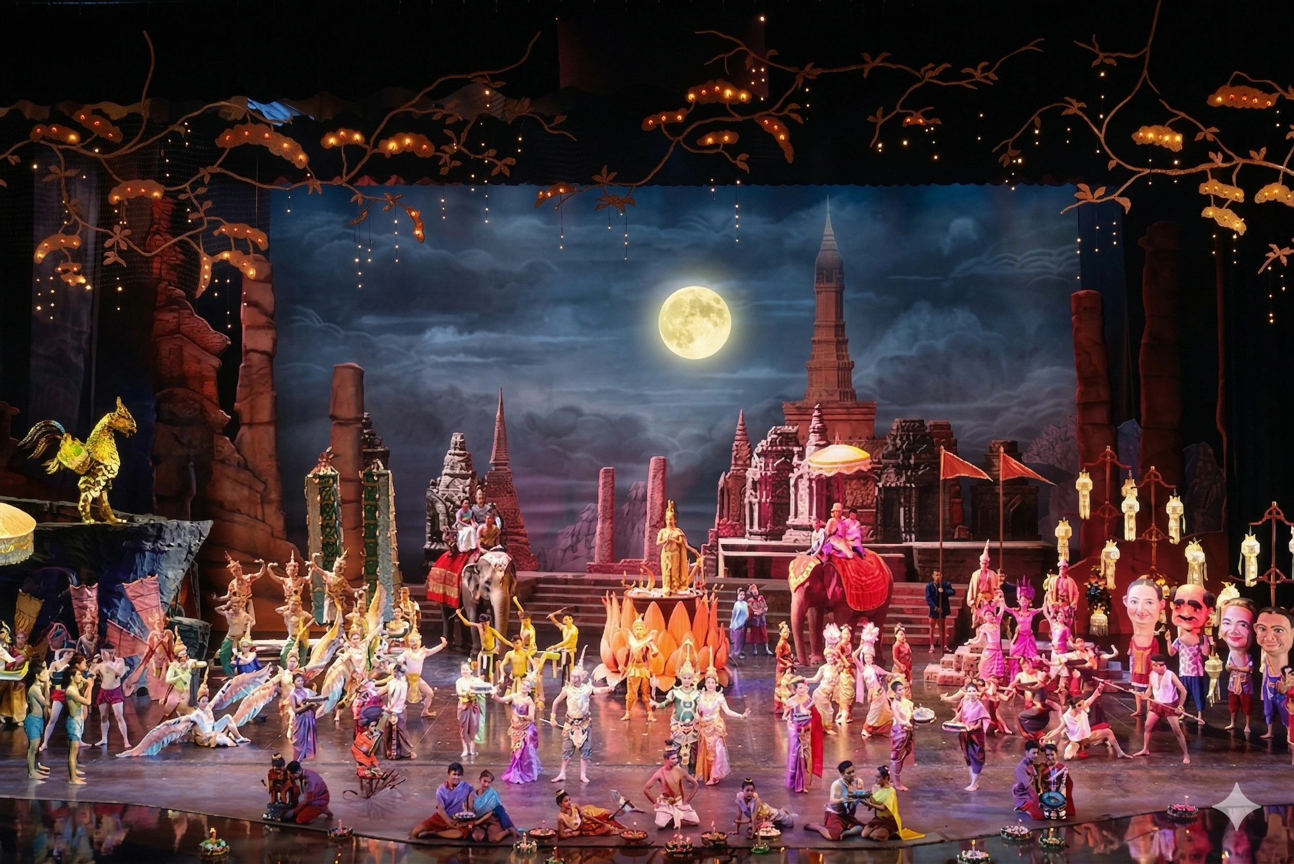 Сцена шоу Siam Niramit Phuket с артистами в традиционных костюмах