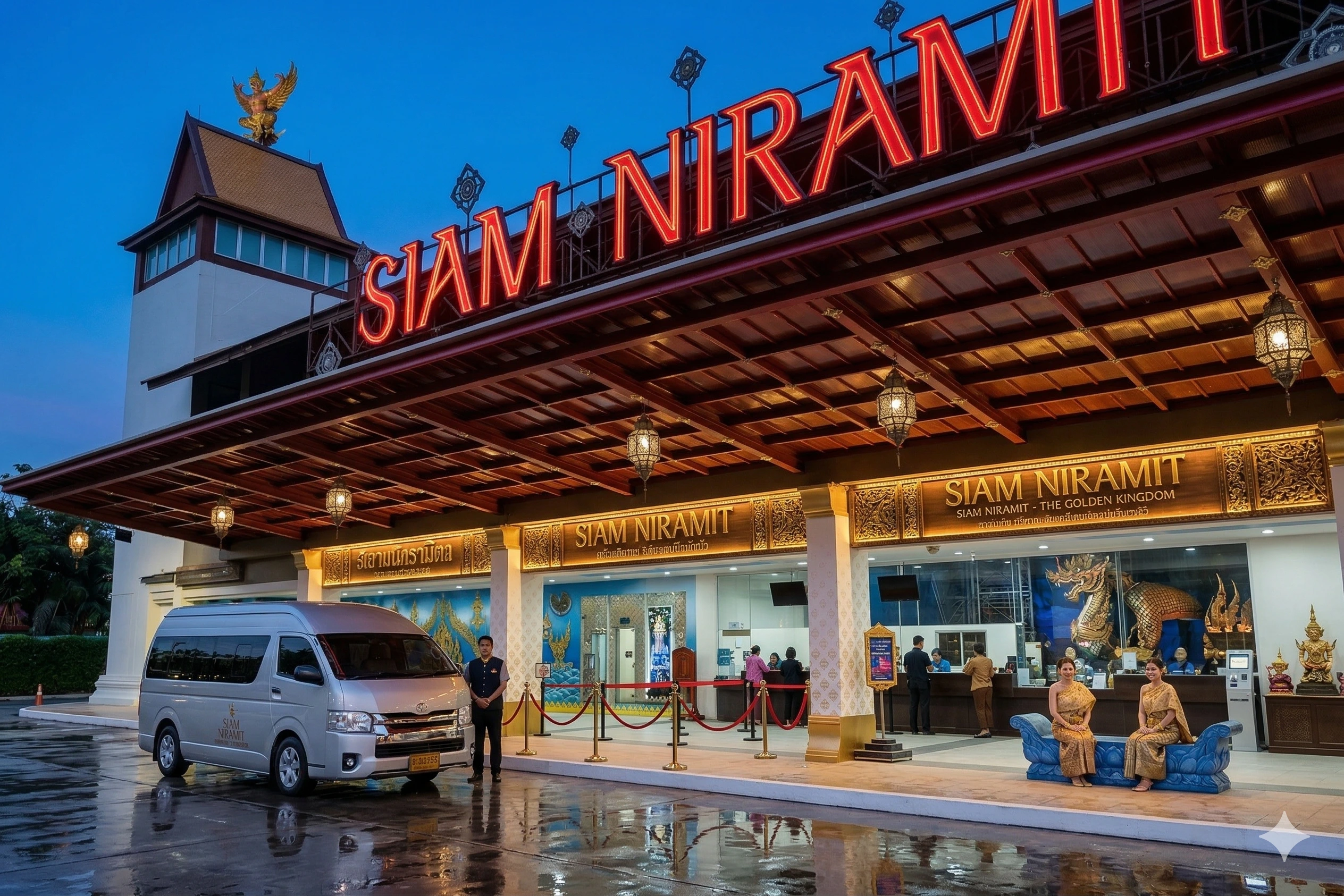 Комплекс театра Siam Niramit Phuket — вечерний вид культурного центра на Пхукете